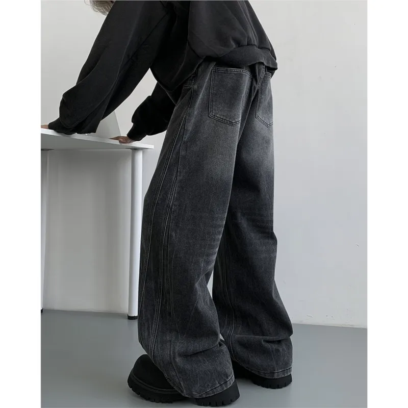 

Wide-leg Jeans Men Chic Patchwork design Loose Casual Denim Pants Male Straight Mopping Trouser Streetwear Washed jeans
