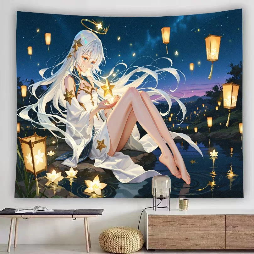 Star Angel Anime Girl Tapestry Night Lotus Pond Sky Lantern Lake Scenery Wall Hanging Calm Aesthetic Bedroom Dorm Decor Cloth