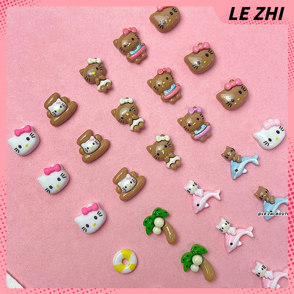 20Pcs Hawaii 3D Hello Kitty Nails Art Resin Accessories Summer Beach Black Skin KT Phone Case Sticker Manicure Decals Decoration