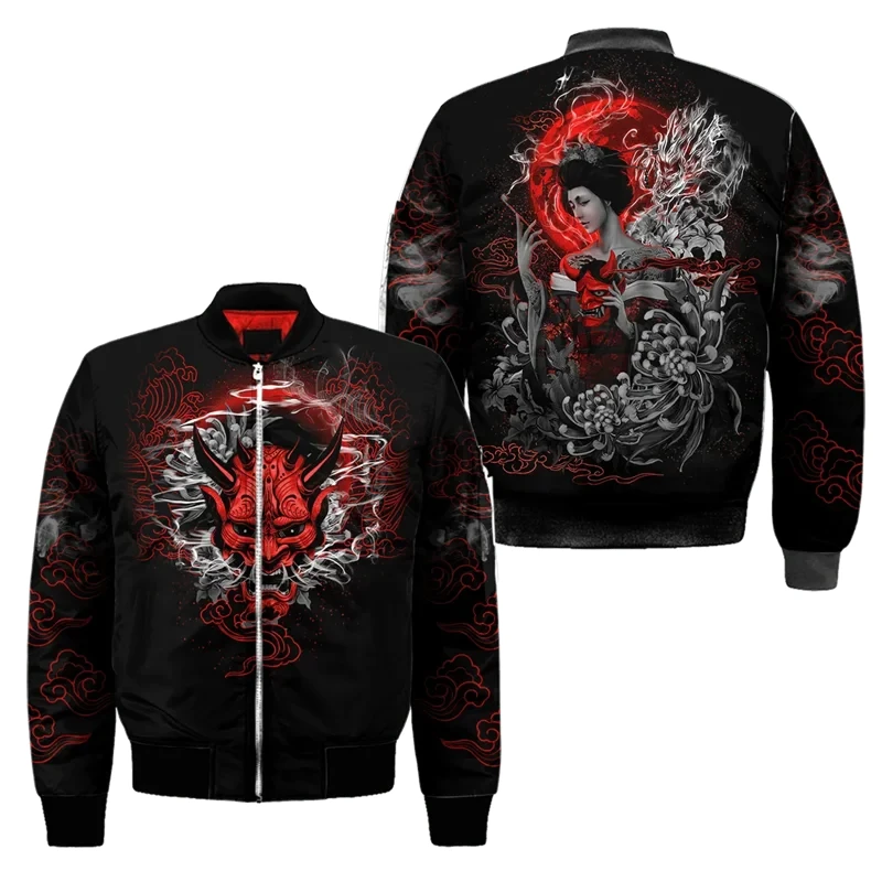 Spring Autumn Mens Bomber Jacket Samurai Oni Mask Tattoo 3D All Over Printed Zip Tracksuits Street Casual Zipper Jacket Clothing