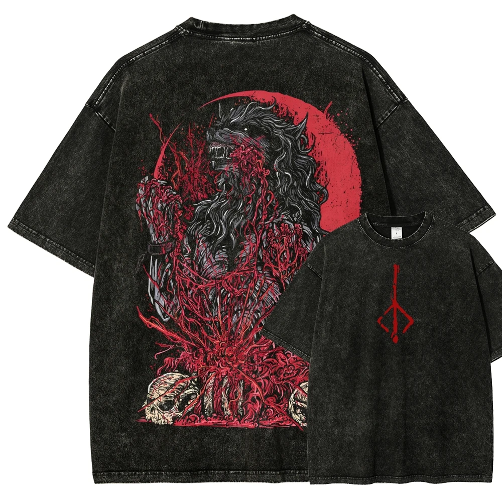 Blood Borne Anime Lover Washed T-shirt Year Round Clothing New Model Personality Clothes Plus Size Unisex High Quality Couples