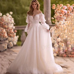 Boho Pretty Graceful A Line Women's Wedding Dresses Modern Appliques Lace Bride Gowns Long Puff Sleeve Backless Robes De Mariée
