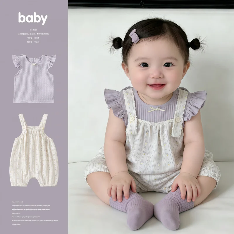 

Summer Thin Korean Style Floral Print Romper Set for Infants and Toddlers, Baby Girl's Flutter Sleeve Vest Two-Piece Outfit