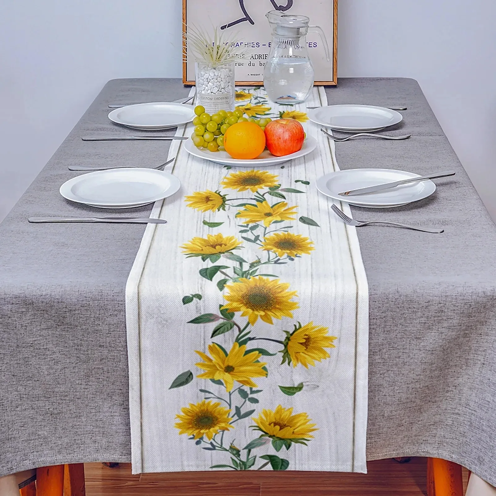 White Wood Grain Table Runner Bright Sunflower Floral Print Green Leaves Farmhouse Style Dining Table Decor