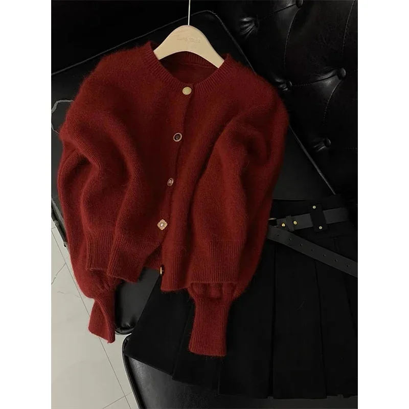 Vintage kurz geschnittene Strickjacke Frauen koreanische Langarm pullover Oberbekleidung Winter Damen elegante schicke Strickwaren Freizeit pullover