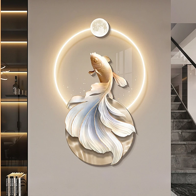 

Chinese Goldfish Decor Painting Lamp Modern Luxury Indoor Background Wall Lamp Living Room Villa Corridor Creative Wall Light