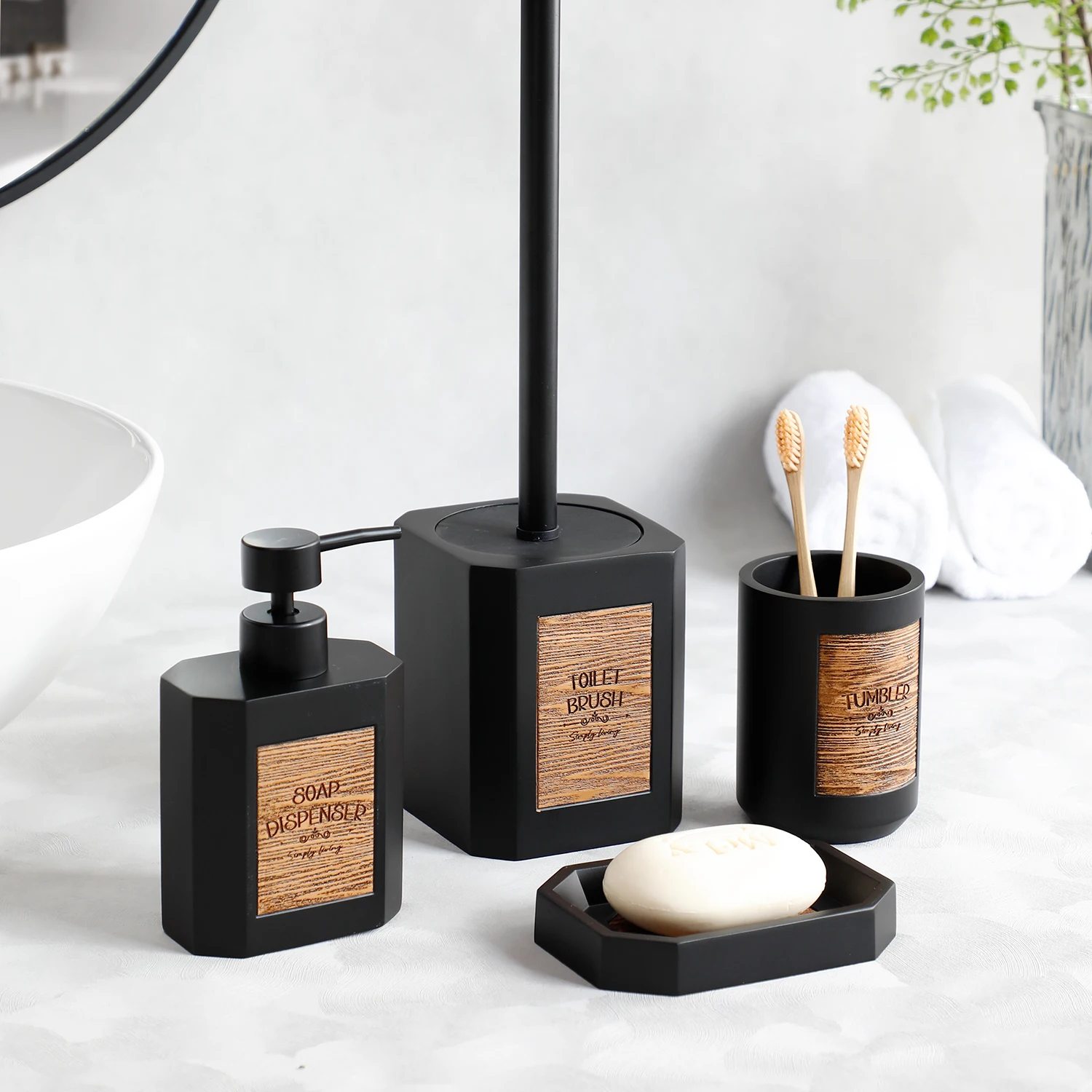 Bathroom Accessories Set 4 Pcs Soap Dispenser Toothbrush Holder Bathroom Tumbler Resin Kits Soap dish Toilet brush holder Black