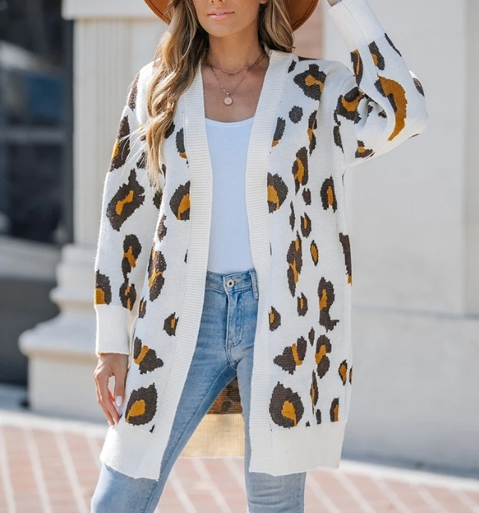 Fashionable Autumn New Cardigan Sweater Jacket Leopard Pattern Longline Knit Cardigan Elegant Outerwear for Women