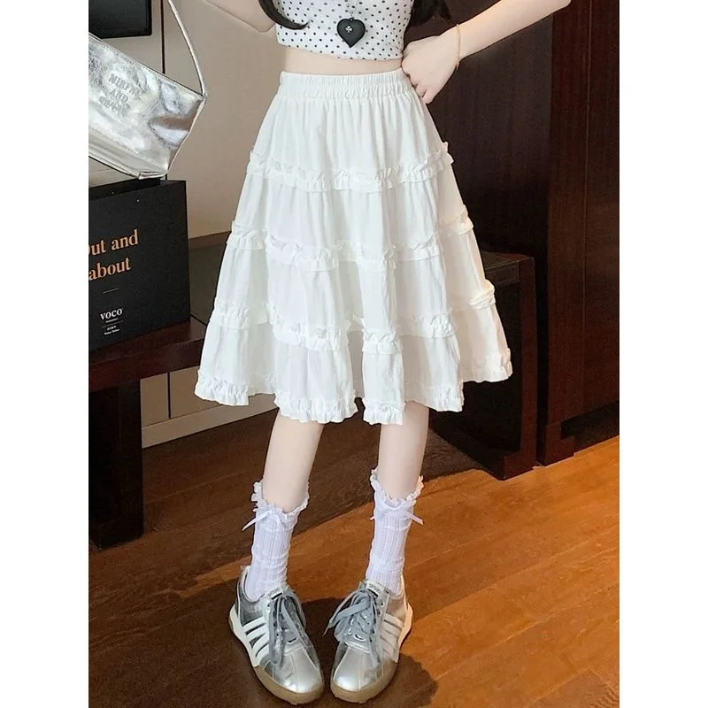 

White Cake Skirt A-Line Skirt Women's Summer New Folded Decoration Small Size High Waist Slimming Five Skirts