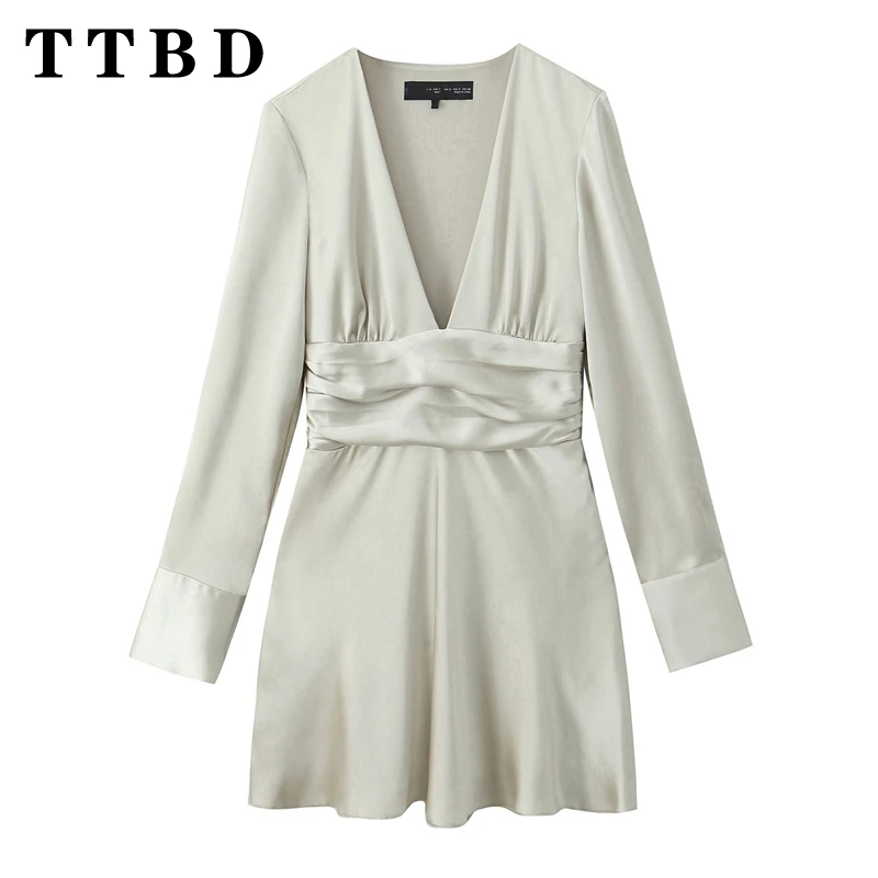 Ttbd 2024 Nieuwe Zomer Dames Pyjama Stijl Jurken V-Hals Lange Mouw Sexy Losse Pasvorm Mini Robe Casual Vrouw Top