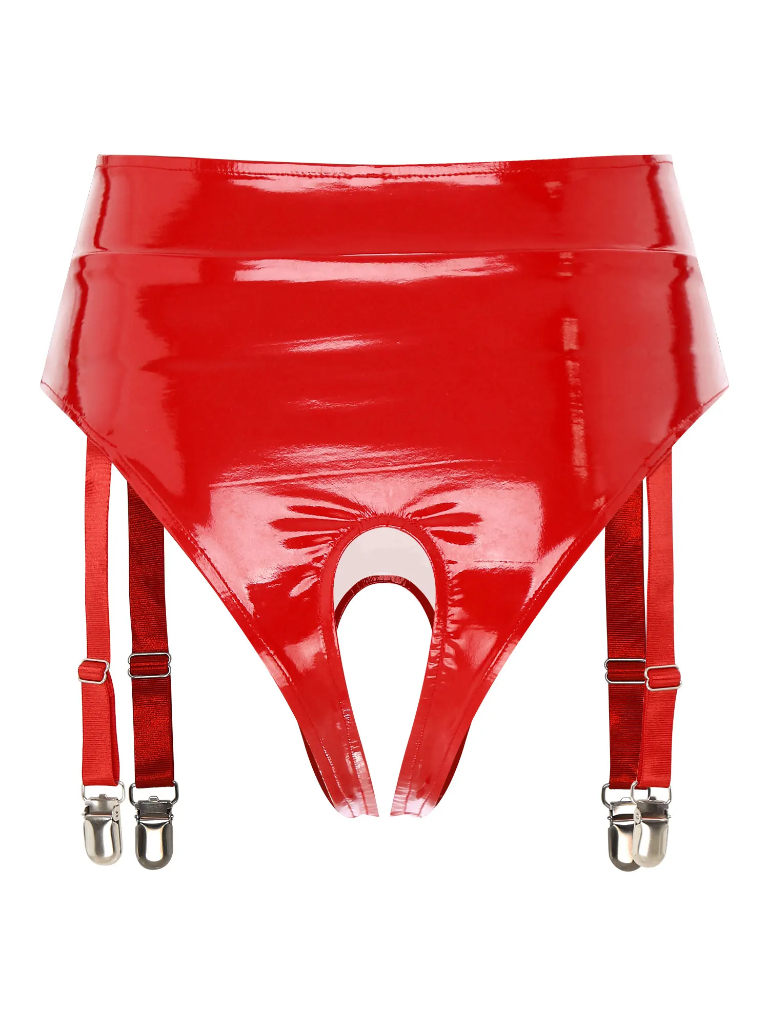 Womens Wet Look Patent Leather Crotchless Underwear with Garter Clip High Waist Sexy Open Crotch Latex Thong Lingerie Nightwear