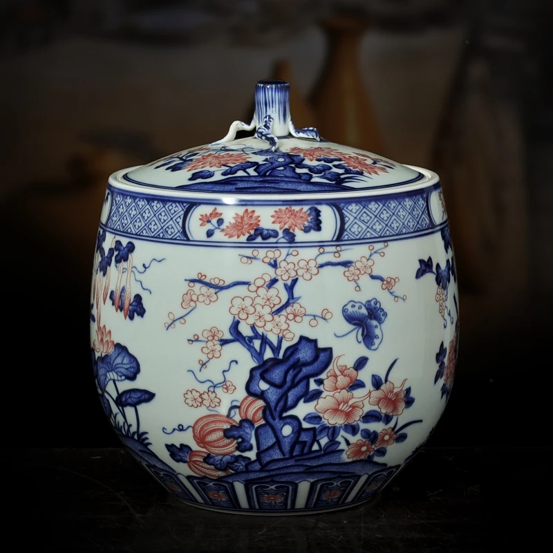 Blue and White Ceramic Storage Jar Underglaze Red Hand-painted Lid Pot Home Decoration Vessel Tea Caddy