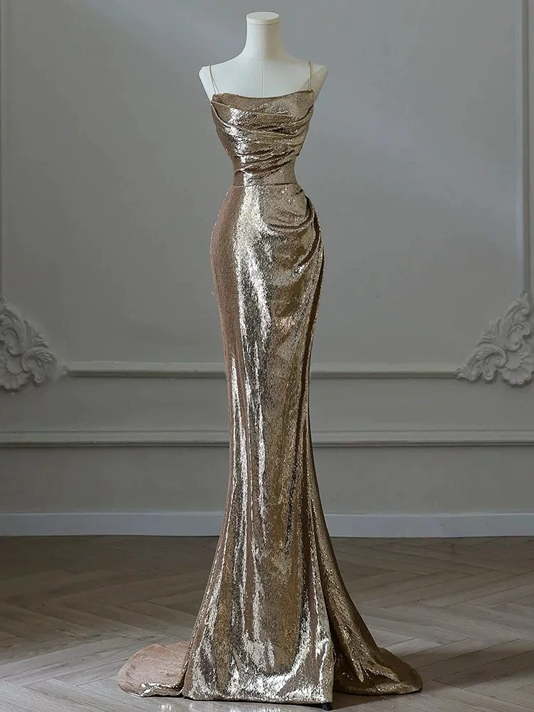 Shiny Golden Cocktail Dresses Spaghetti Strap Sleeveless Sequin Mermaid Floor Length Formal Evening Party Prom Gown