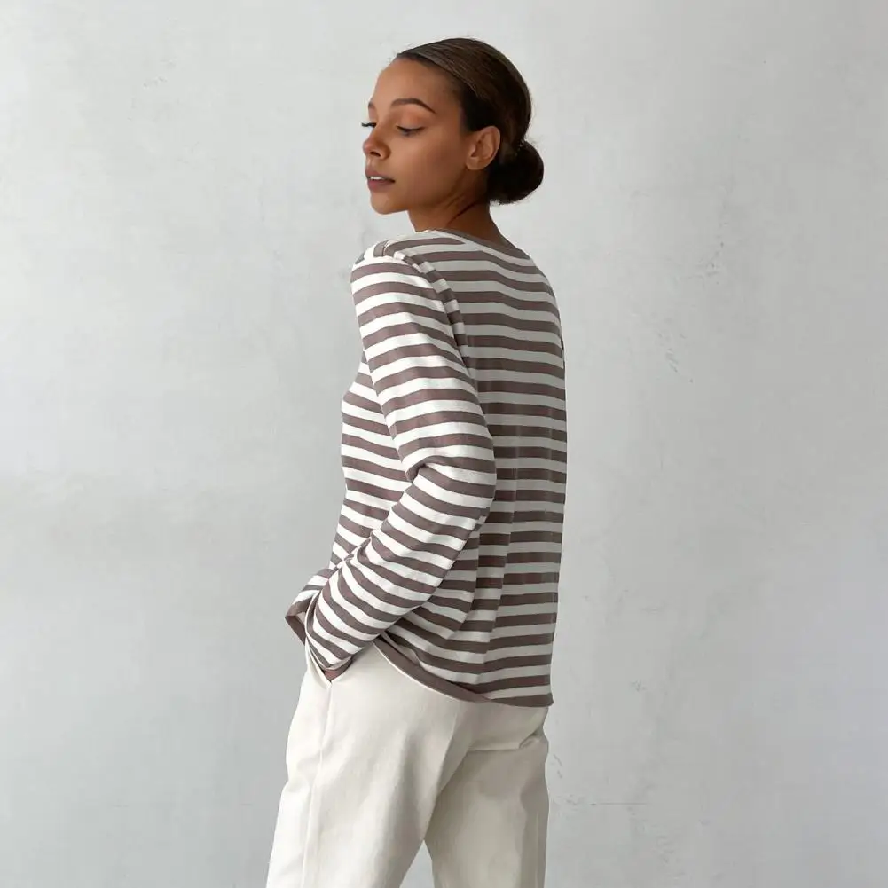 Casual Top Striped Print Sweater Loose Fit Women's Top for Daily Wear with Retro Knitting Design Stretchy Fabric Striped Print