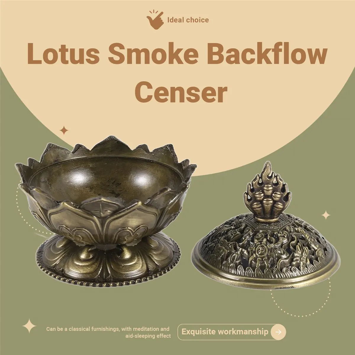 Lotus Incense Smoke Cone Aroma Burner Holder Stove Backflow Censer Decor-Bronze &LICG
