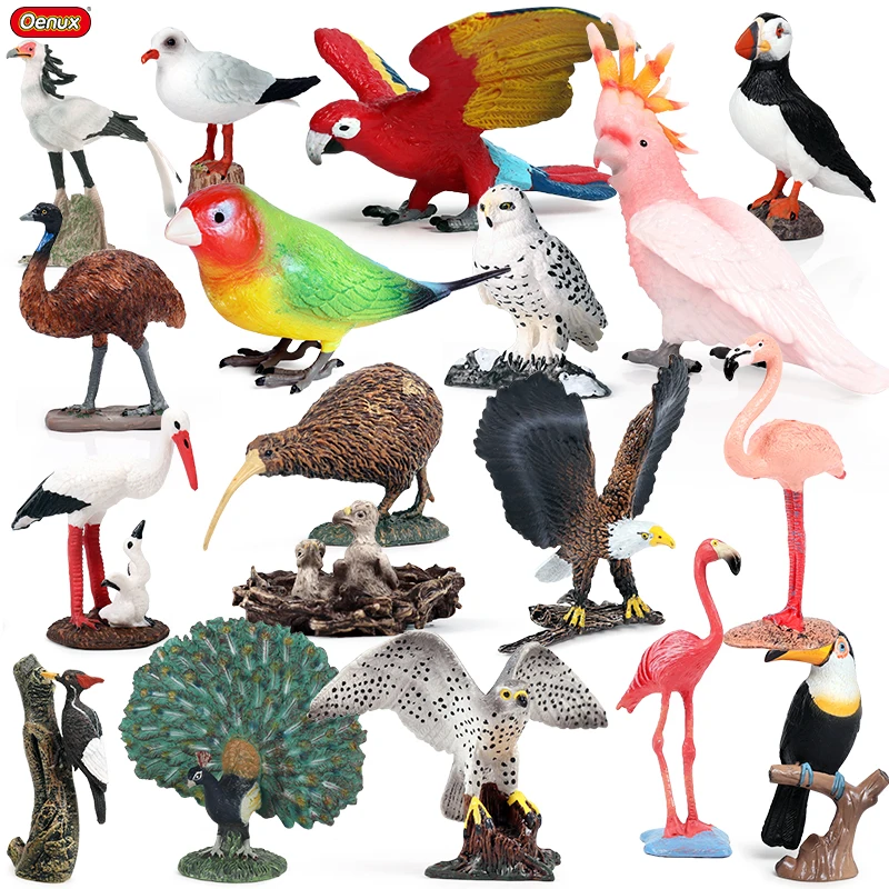 Oenux Cute Bird Animals Peacock Parrot Flamingos Heron Owl Model Action Figures Lovely Miniature Decoration Kids Education Toy