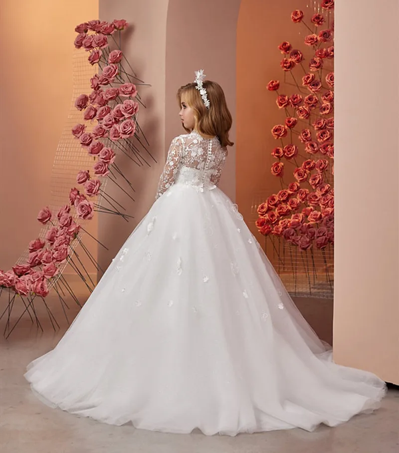 Robe de demoiselle d'honneur de luxe en tulle blanc pour mariage, dentelle bouffante, perles, manches longues, longueur au sol, fête d'anniversaire, première communion, quoi que ce soit