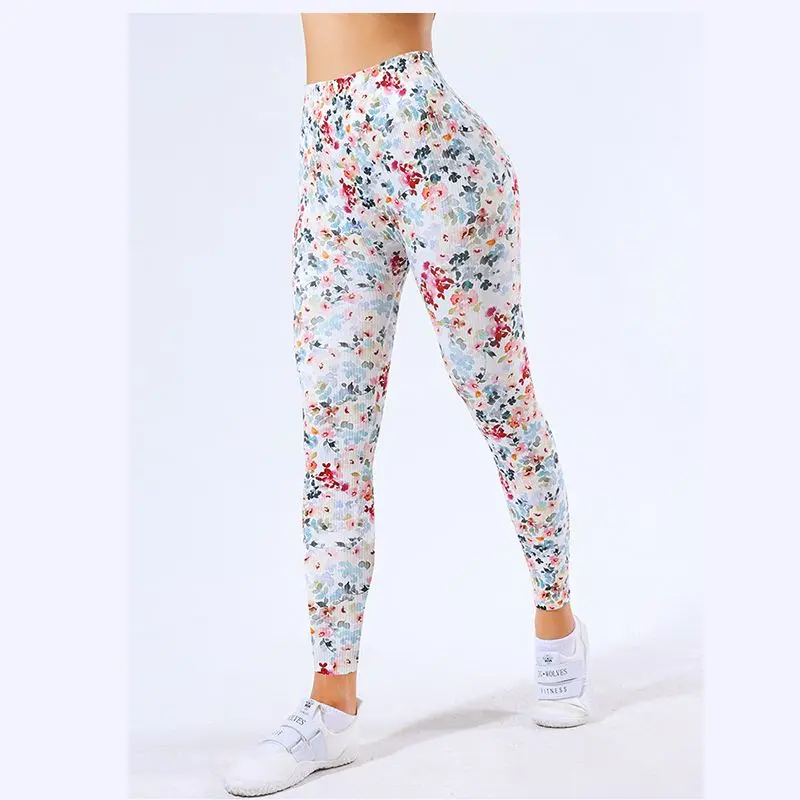 Pantaloni erotici con apertura sul cavallo floreale Leggings da Yoga per sesso all'aperto pesca Hip Push up Jogger pantaloni Fitness calzamaglia sportiva da corsa donna