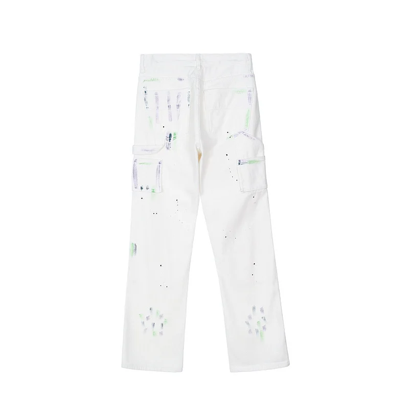 Street High Micro Flared Pants Speckled Stitched White Jeans Hip Hop Loose Men's Long Pants 2022 New Spring Bittoms 2A0828