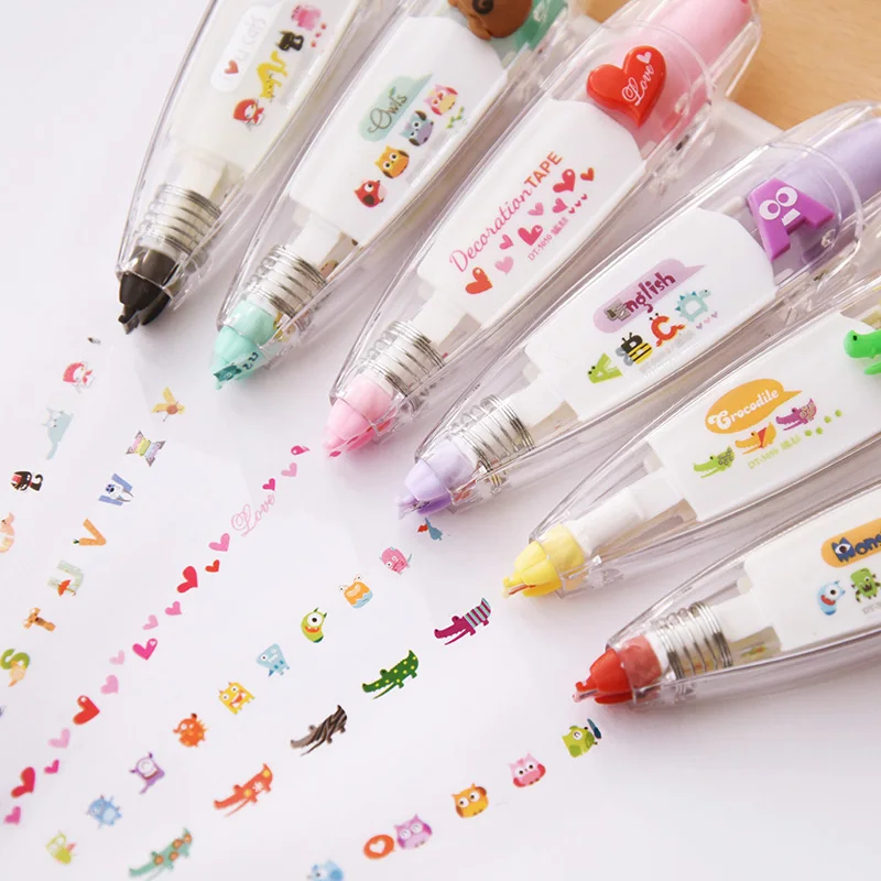 Cartoon Floral Sticker Tape Pen, Papelaria engraçada para crianças, Notebook Diário Decoração Fitas, Etiqueta Etiqueta Etiqueta de Papel, Decoração