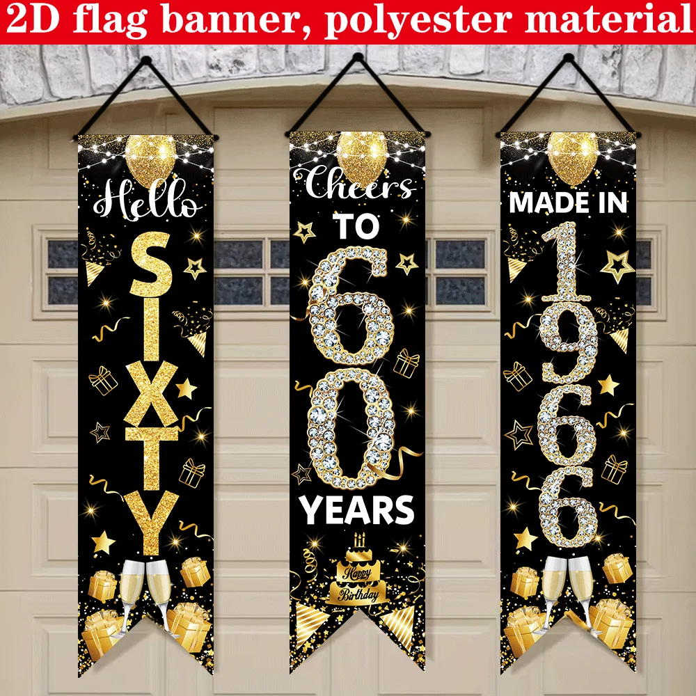 2D Flache 3-teilige Schwarz-Gold Glitzer Geburtstagsbanner zum 60. Geburtstag, 1966 Hello Sixty Porch Schilder, 59x12 Zoll für 60. Jubiläumsfeier-Dekoration