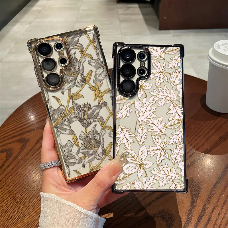 Flowers Phone Case For Samsung Galaxy A73 A53 A33 5G A54 A34 A24 A14 A23 4G A13 Shockproof Silicone Plating Transparent Cover
