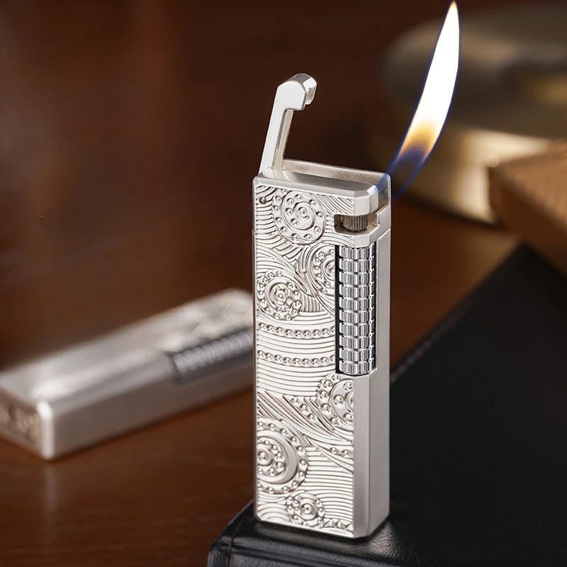 Silver-Plated Open Flame Side-Slip Lighter Metal 45° Oblique Fire Portable Inflatable Butane Lighter Smoking Accessories