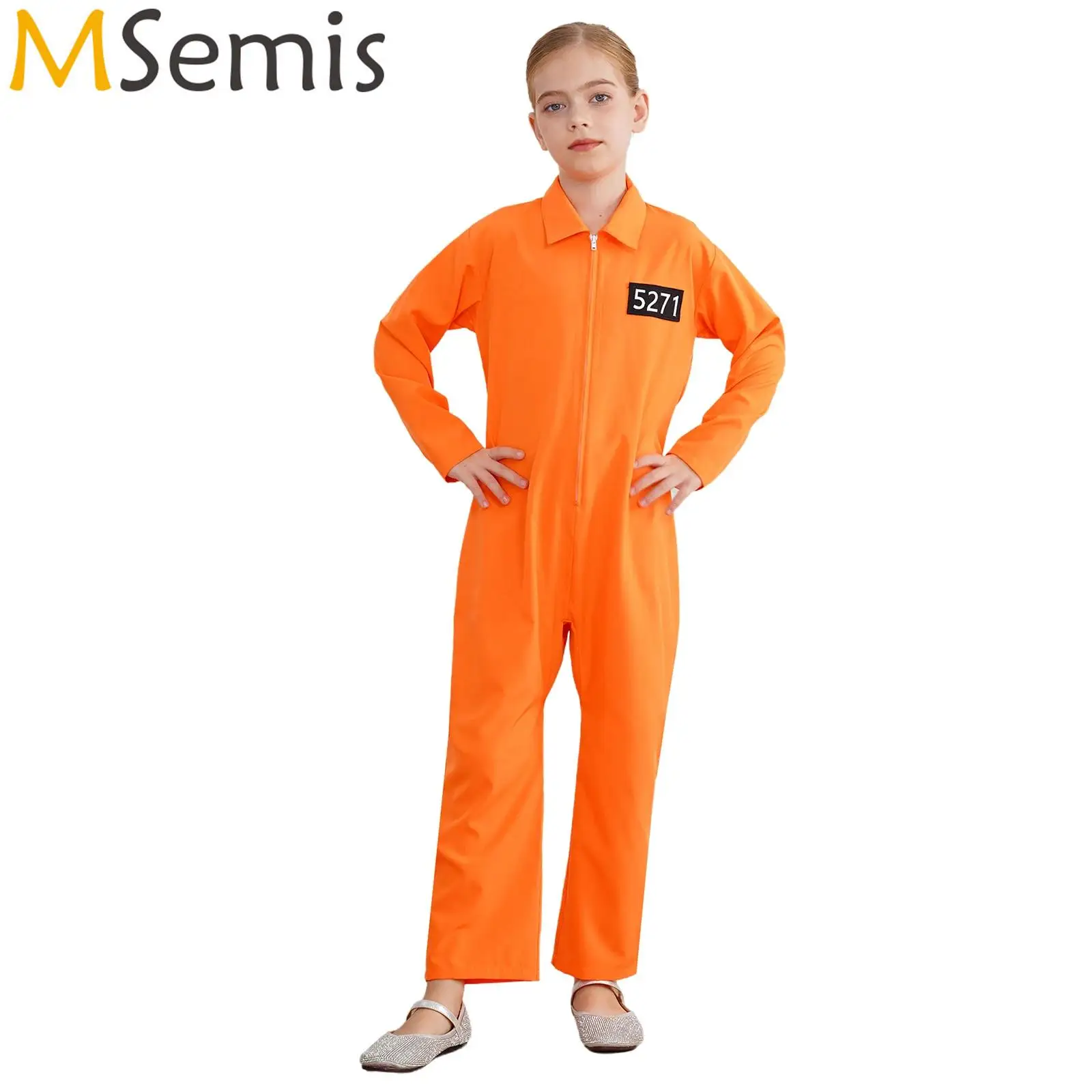 Boys Girls Orange Zipper Prison Cosplay Costume Long Sleeved Prisoner Roleplay Outfits Jailbird Convict Inmate Prison Uniform