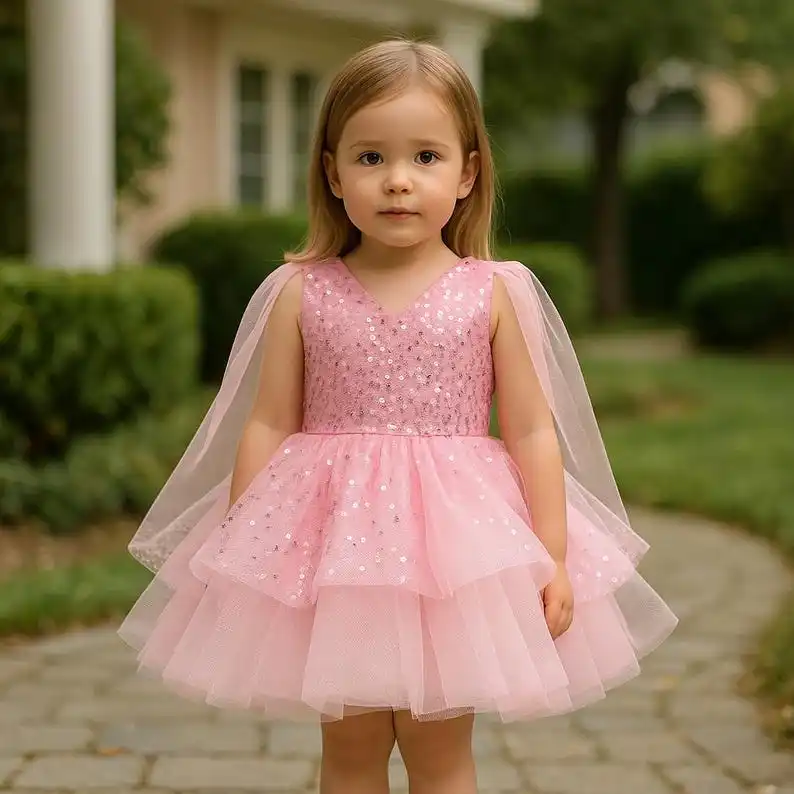 

Flower Girls Dress Pink Sequin Bodice Tulle Dress: Beaded Bow Shoulder Party Gown for Wedding Party