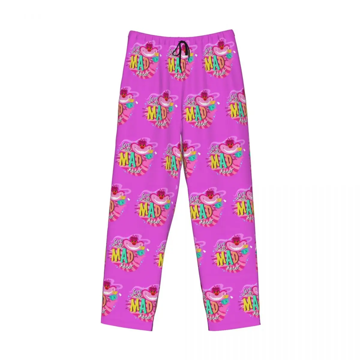 Pantalones de pijama con estampado personalizado para hombre, ropa de dormir con estampado de gato de Cheshire, Alicia, país de las Maravillas, somos todos locos aquí, pantalones para dormir con bolsillos