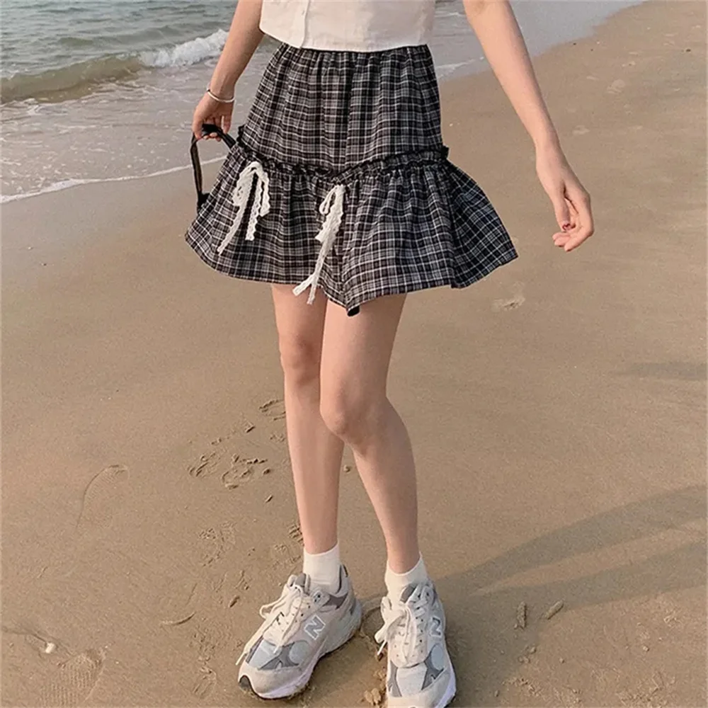 Gothic Bow Plaid Women Mini Skirt Fashion Black High Waist Stitching Ribbon A Line Skirts Japanese Harajuku Preppy Casual Skirt