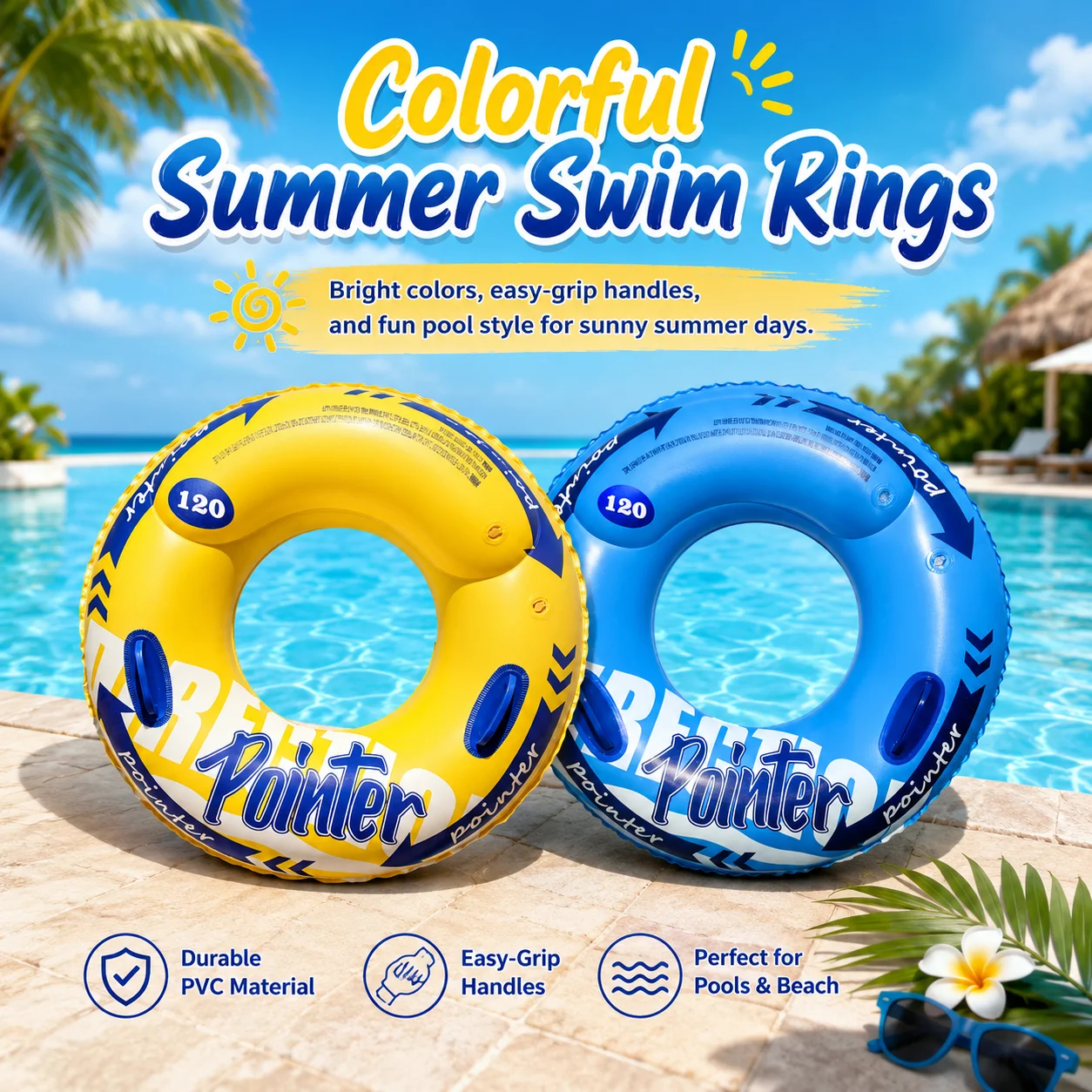 1pc Inflatable Swim Ring with Handles Double Air Chamber Swimming Tube Pool Float for Beach Vacation Water Fun