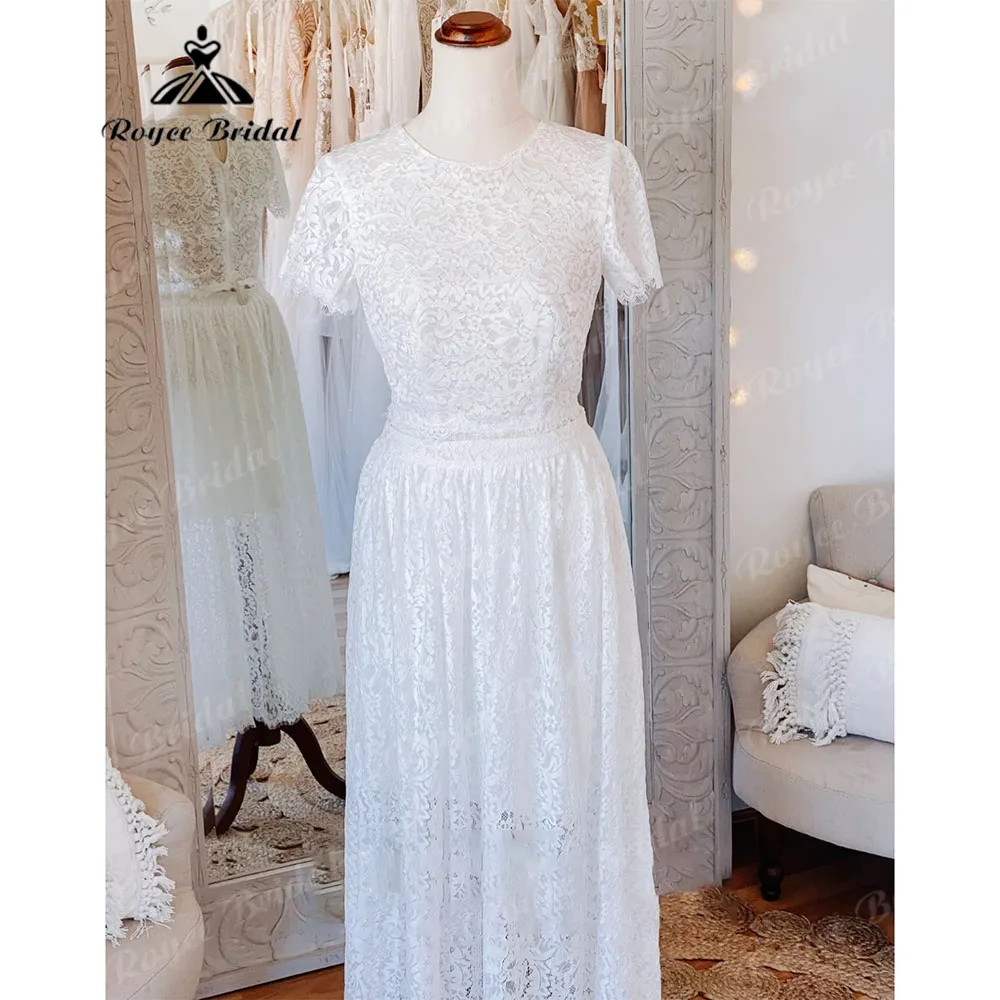 Tea-Length Lace Two Pieces Short Sleeve Women Wedding Dress 2023 Bridal Receipt Dinner Party Gown vestido de novia corto Elegant