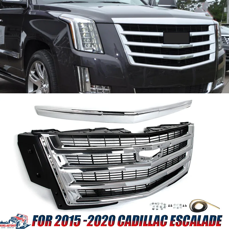 

For Cadillac Escalade 2015-2020 Platinum Chrome Front Grille+Hood Molding Trim Front Upper Bumper Grille Hood Mesh Grid Assembly