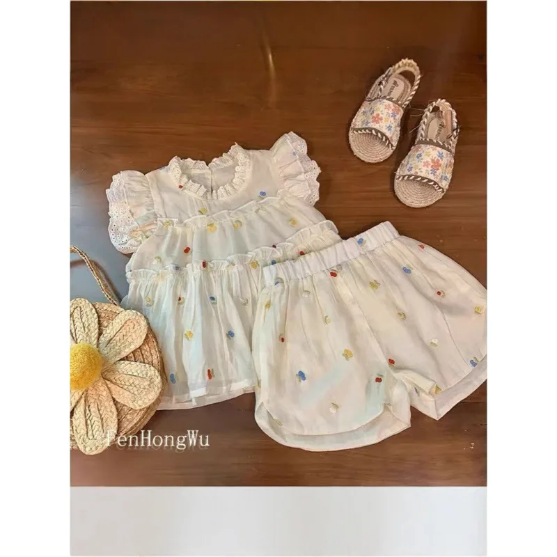 

Girls' Floral New Chinese Style Set Summer Baby Girl Retro Chinese Style Fashionable Top Shorts Cute Two-Piece Set