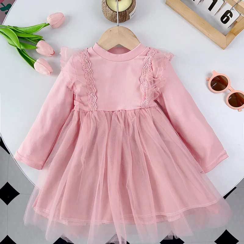 Girls' Spring and Autumn Mesh Dress New Autumn Baby Girl Dress Stylish Princess Dress with Lace Collar for Toddlers and Young Gi
