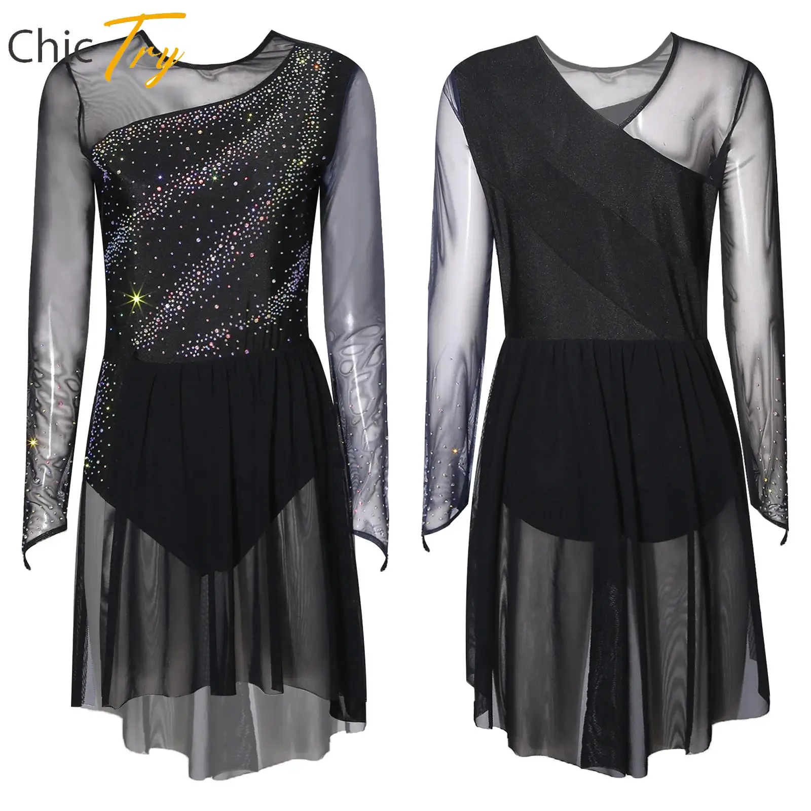 

Women Shiny Ballet Dance Leotard Dress Rhinestones Gradient Mesh Skirted Leotard Skating Lyrical Contemporary Gymnastics Costume