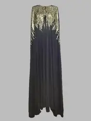 Freeacy Sequined Floor Length Wrap Dress for Women Elegant Evening Dresses Round Neck Batwing Sleeves Pleated Black Dress