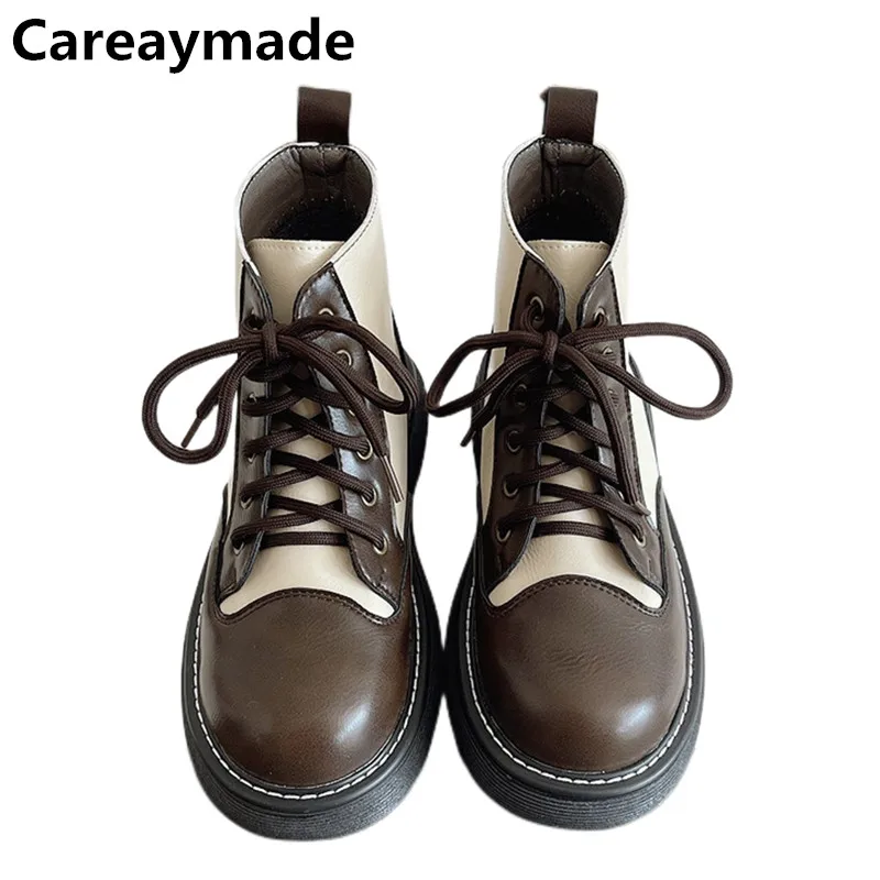 Careaymade-Color blocking retro art boots round head women's shoes thick soled sponge bottomed short boots women's English style