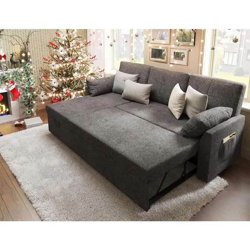 Storage Sofa Sleeper with Pull Out Bed, Grey Linen，Sleeper Sofa, Sofa Bed- 2 in 1 Pull Out Couch Bed