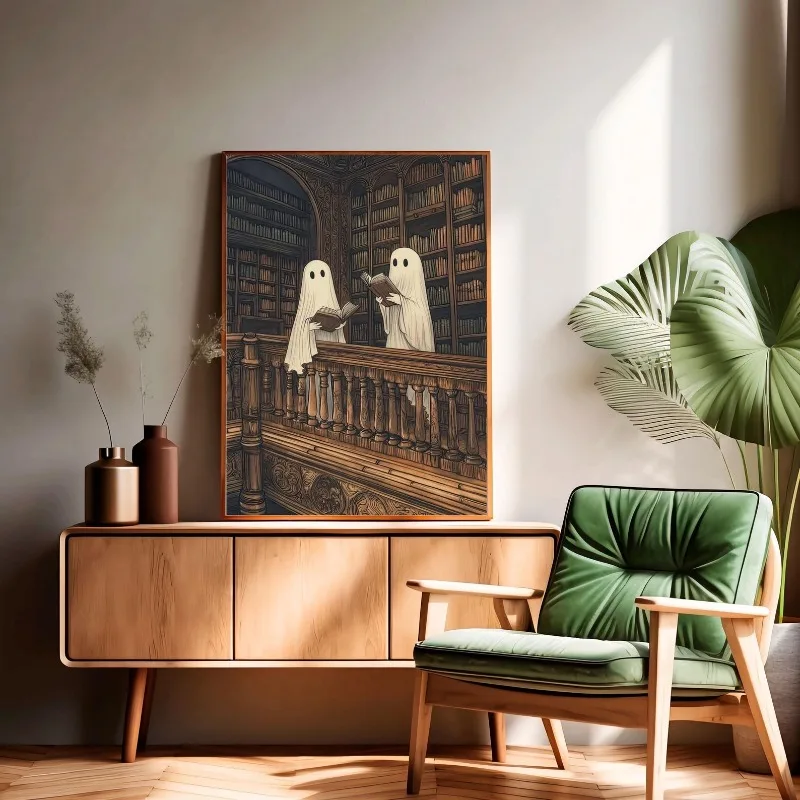 Two Sweet Ghosts Reading, Dark Academia Whimsical Gothic Art, Spooky Bookish Unframed Canvas Poster for Book Lovers Home Decor