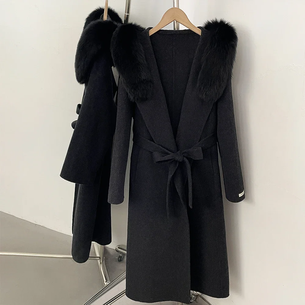 OFTBUY Kapuzenmantel mit Gürtel aus Naturfell und Wolle, langer Damen-Wollmantel mit echtem Fuchsfell, neuer Winter-Wollmantel für Damen – Detail 13