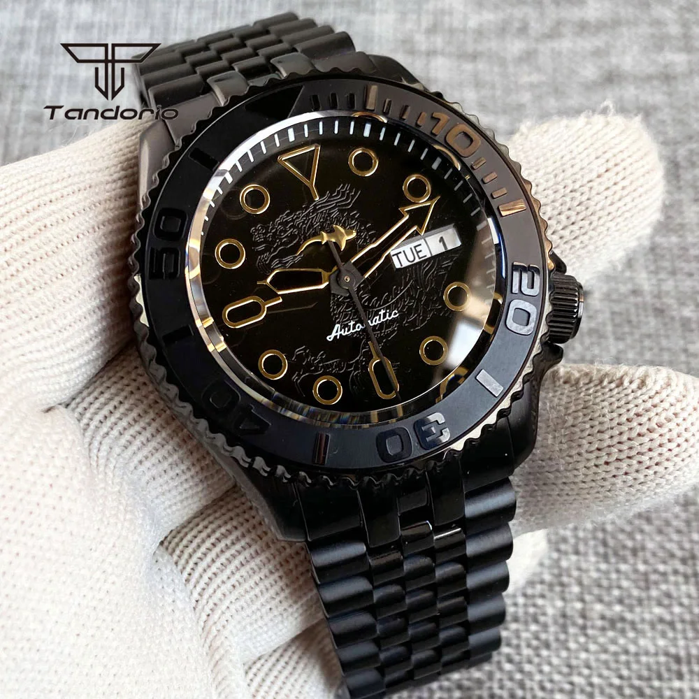 Tandorio Domed Sapphire NH36 41mm Black Pvd Diver Automatic Watch for Men Dragon Pattern 3.8 Crown 20BAR Mechanical Double Date