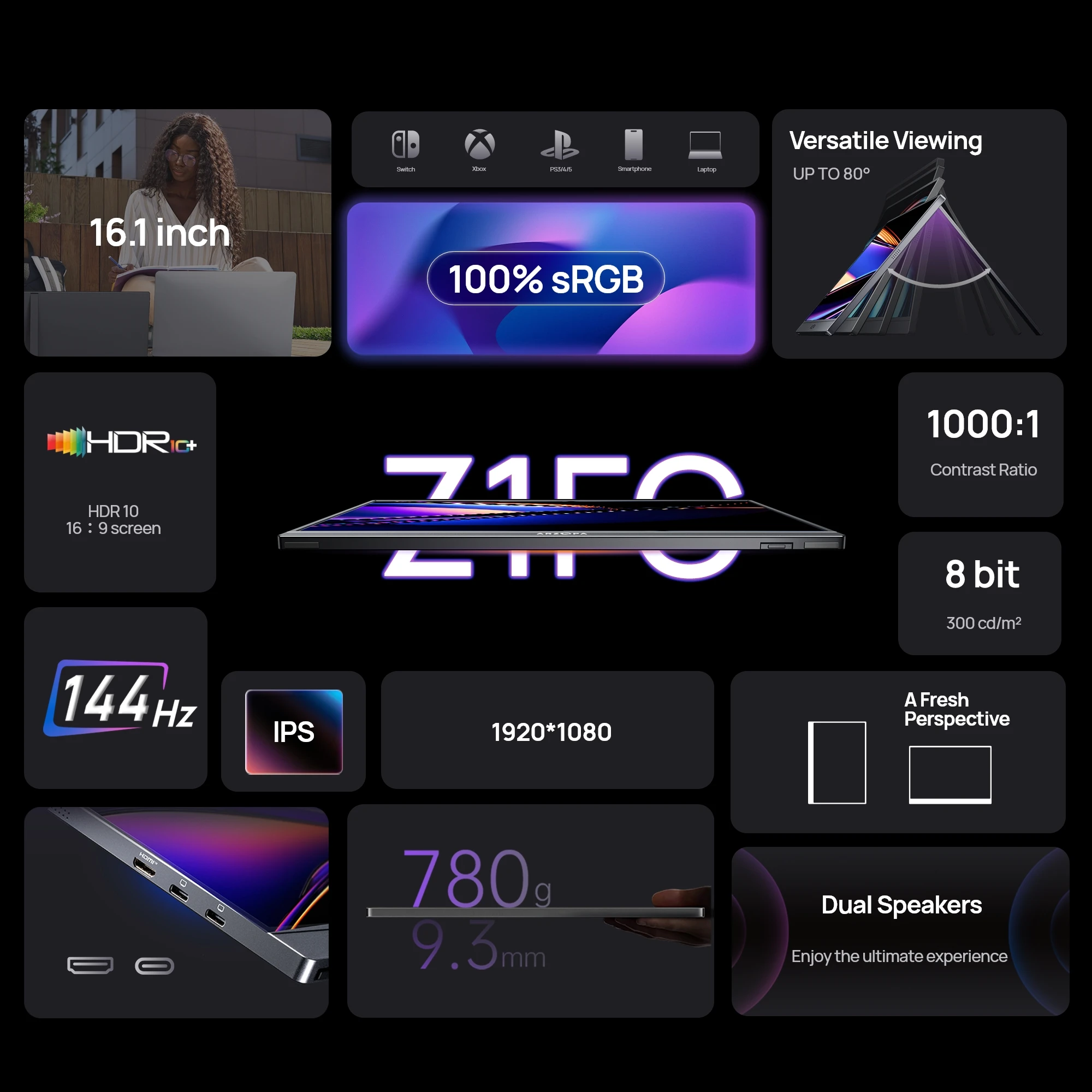 [produto no brasil] Novo ARZOPA 16.1 polegada 100% sRGB 144Hz Monitor de Jogos Portátil Display Laptop com Tipo C Mini HDMI Para PS4/5 Steam Deck Switch XBOX PC Mac, Z1FC