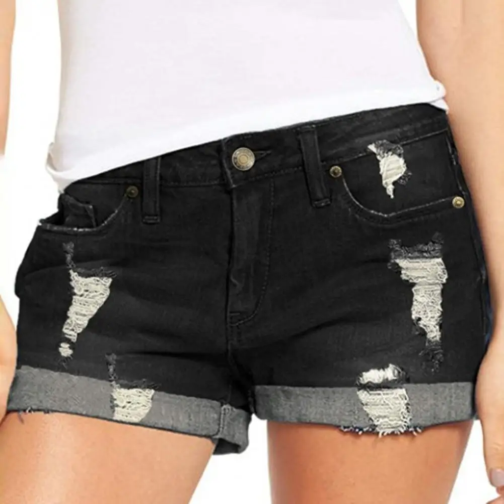 Denim Shorts for Women Women's Mid Rise Distressed Denim Shorts with Pockets Summer Jean Shorts for Females Stretchy Cuffed Hem