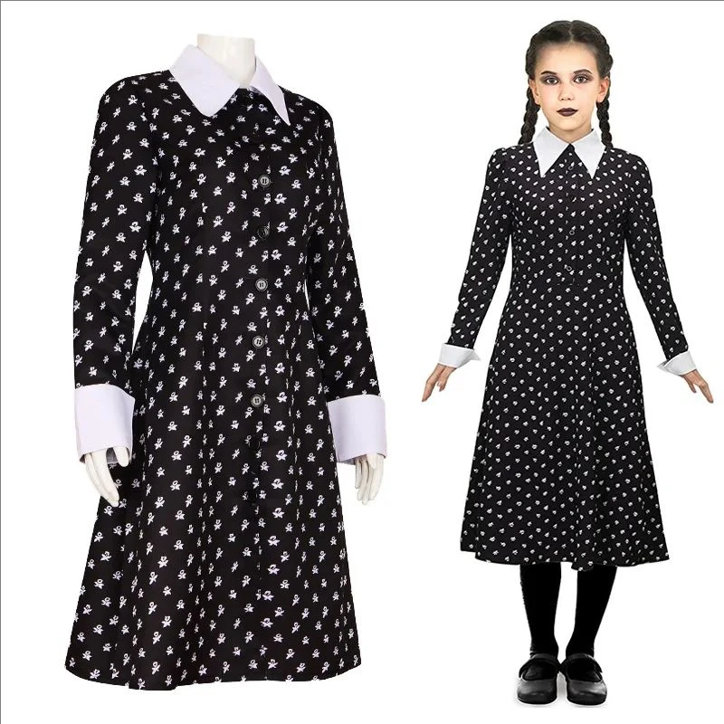 Wednesday Addam Dress for Girls Long Sleeve Fantasy Spring Autumn Print Black Dress women boys girls Halloween Cosplay Costume