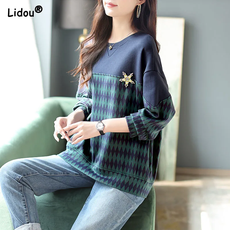 

Dimensional Cut Sequins Diamond Autumn Winter Sweatshirts Geometric Spliced Thick Loose O-Neck Cotton Pullovers Women's Clothing