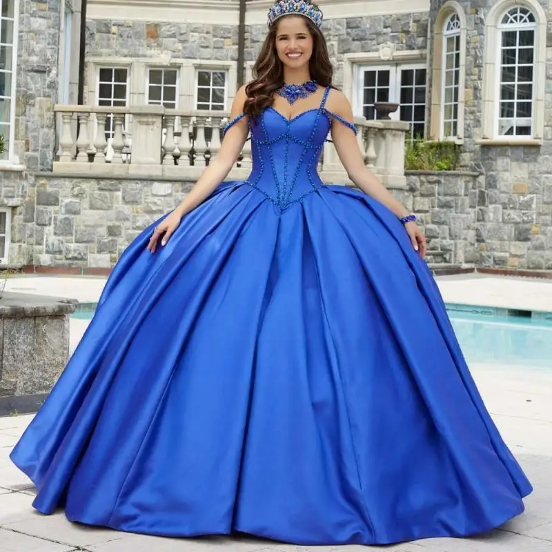 

New Royal Blue Quinceanrea Dresses 2024 Sweetheart Crystals Rhinestone Boned Satin Ball Gown Sweet 15 16th Birthday Party Gown