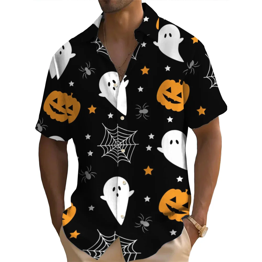 Halloween Shirt  Men's Shirt Pumpkin Skull Print Short Sleeved Shirt Casual  Holiday Party Shirt Top Oversized Men's Clothing