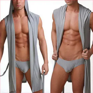 Men\'s Pajamas Sleeveless Oversized Silky Male Pajamas Hooded Bathrobe Ultra-thin Homewear Bath Robe Sexy Lingerie Gay Wear